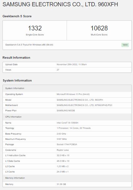 英特爾酷睿i9-13900H在Geekbench 5測試中表現(xiàn)一般